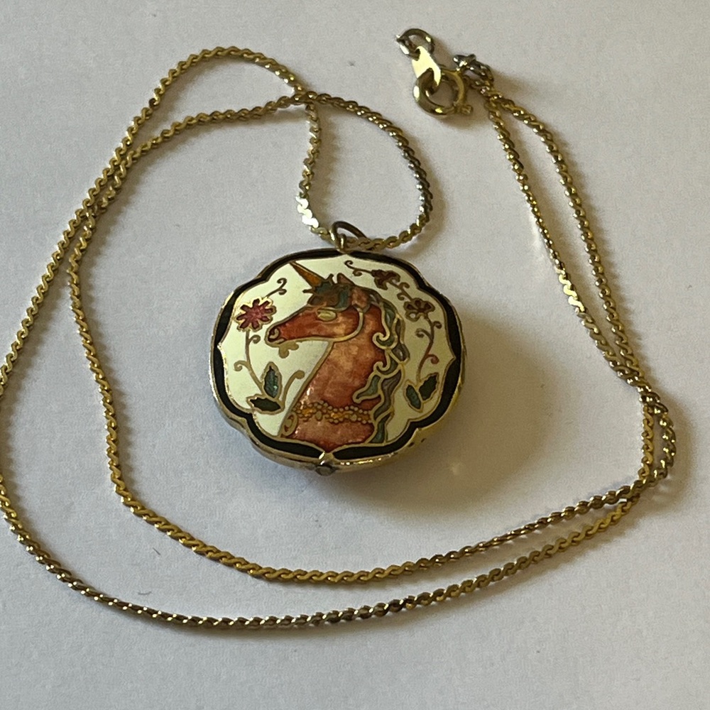 071 Unique cloisonné unicorn necklace vintage